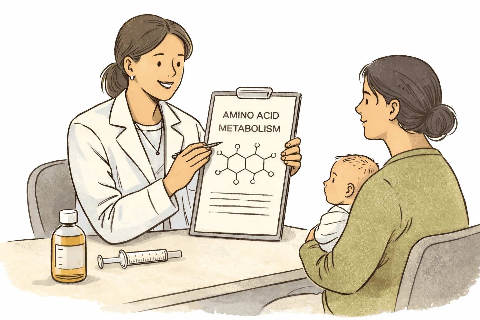 Doctor explaining amino acid metabolism