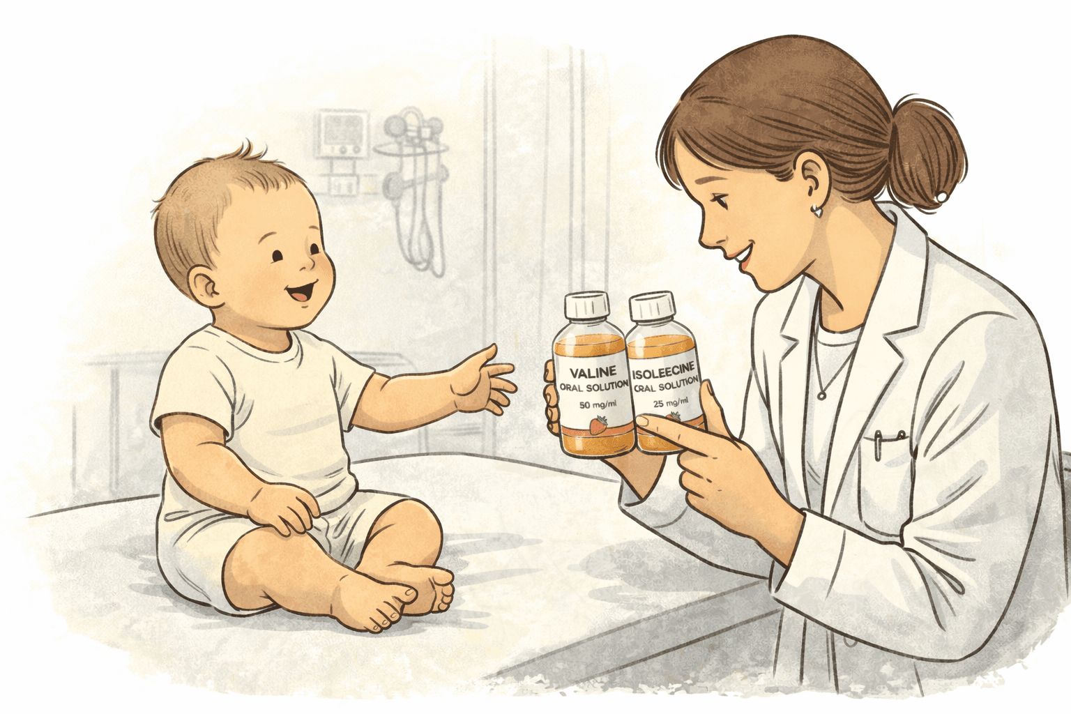 12-month-old baby and doctor with Valine and Isoleucine products